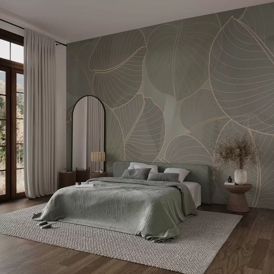 murales de pared follaje lineal del lirio de agosto en tonos beige w02768