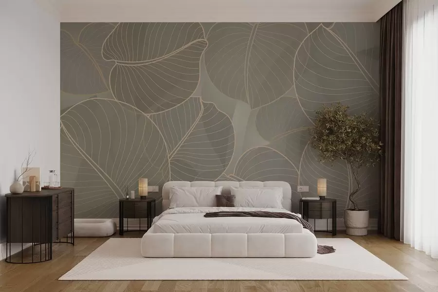 murales de pared follaje lineal del lirio de agosto en tonos beige w02768