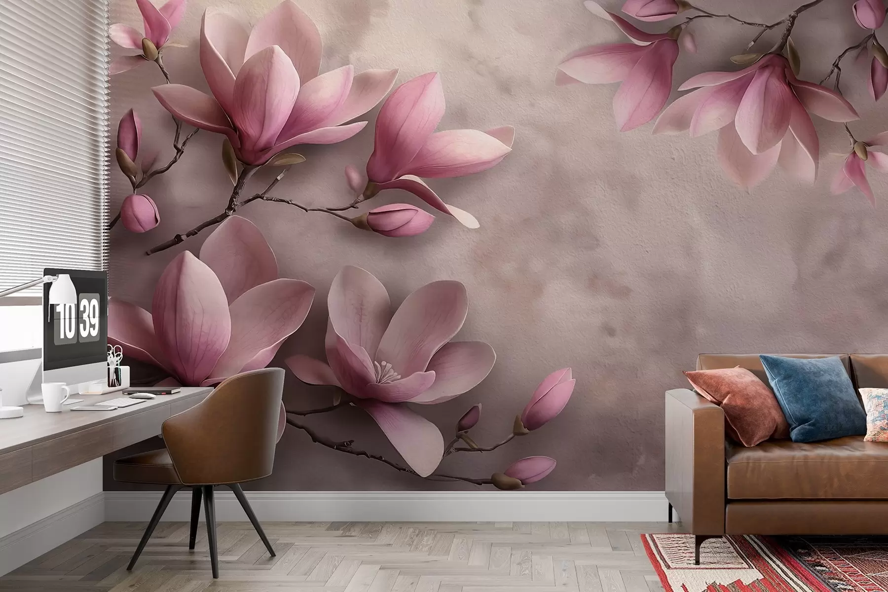 murales de pared Delicadas magnolias rosas sobre un muro de hormigón w08636
