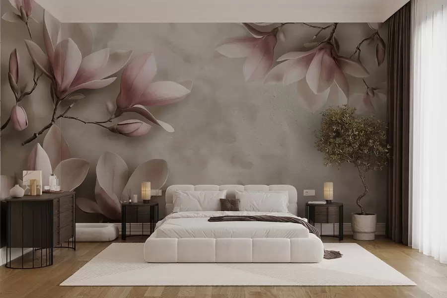 murales de pared Delicadas magnolias rosas sobre un muro de hormigón en tonos sepia w08636v2