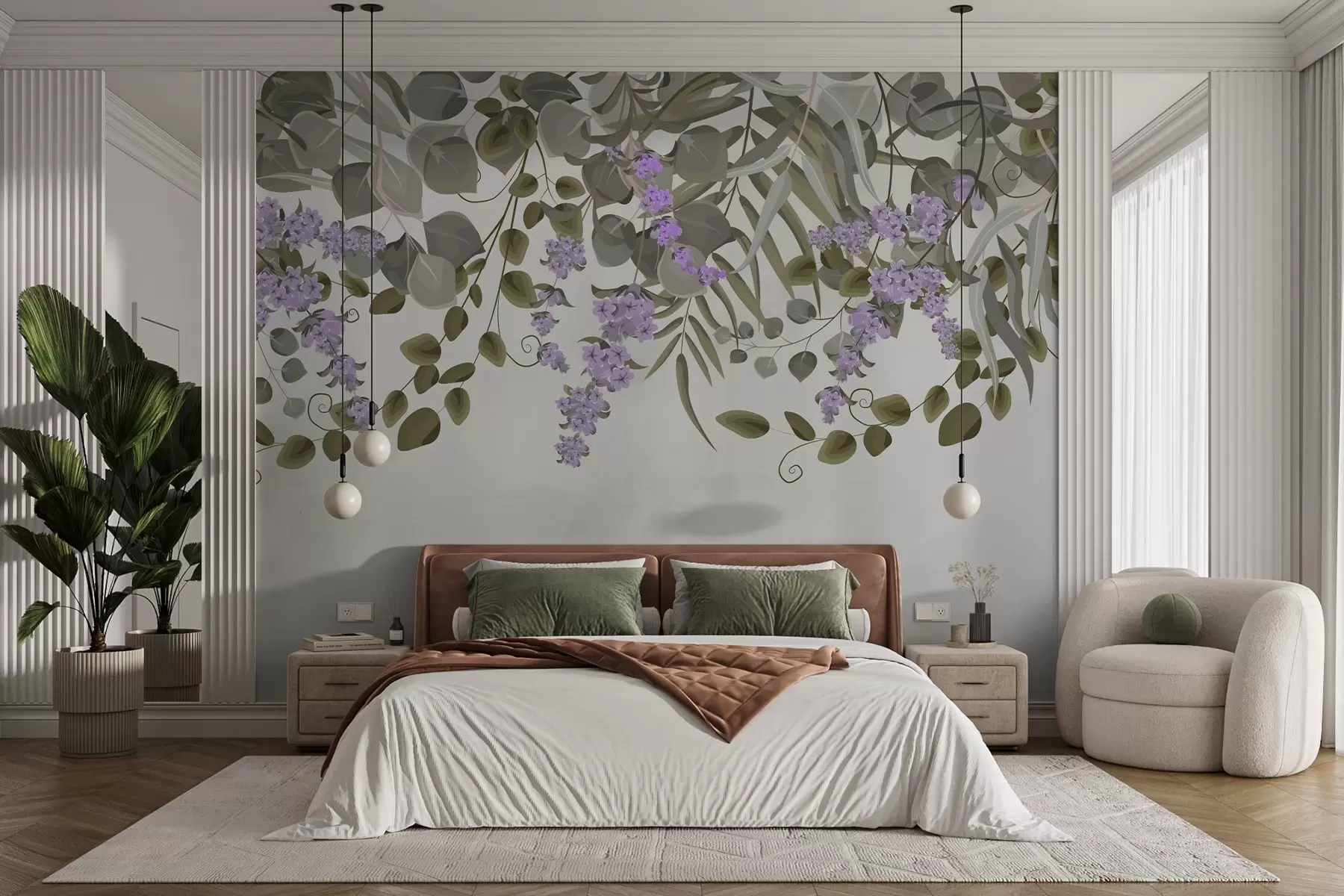 murales de pared hojas verdes y flores moradas colgando w02805