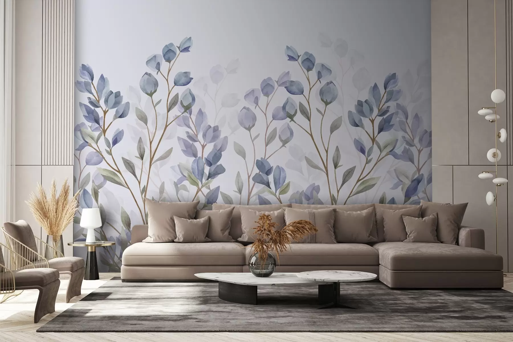 murales de pared ramas con hojas azules w02811