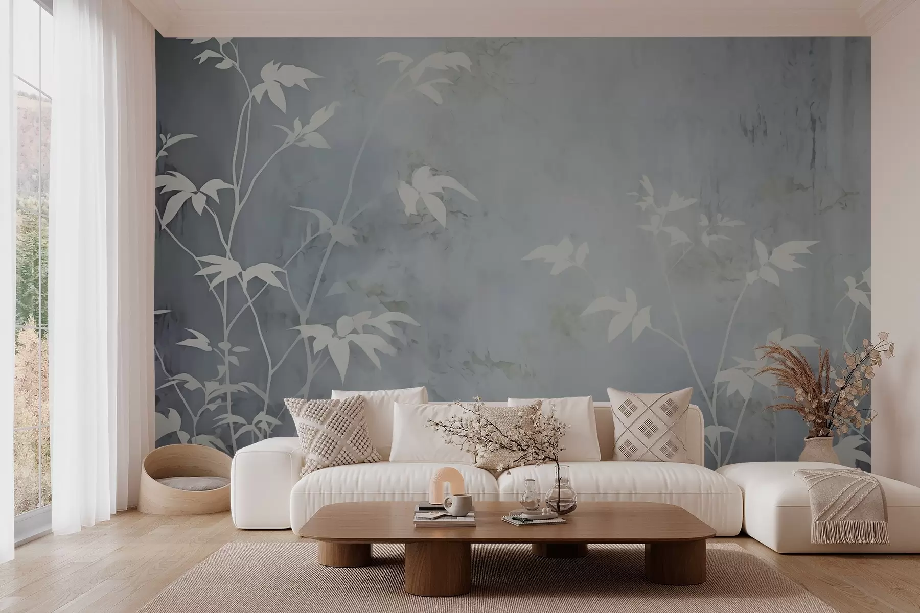murales de pared Siluetas blancas de vegetación sobre fondo moteado con textura w02792