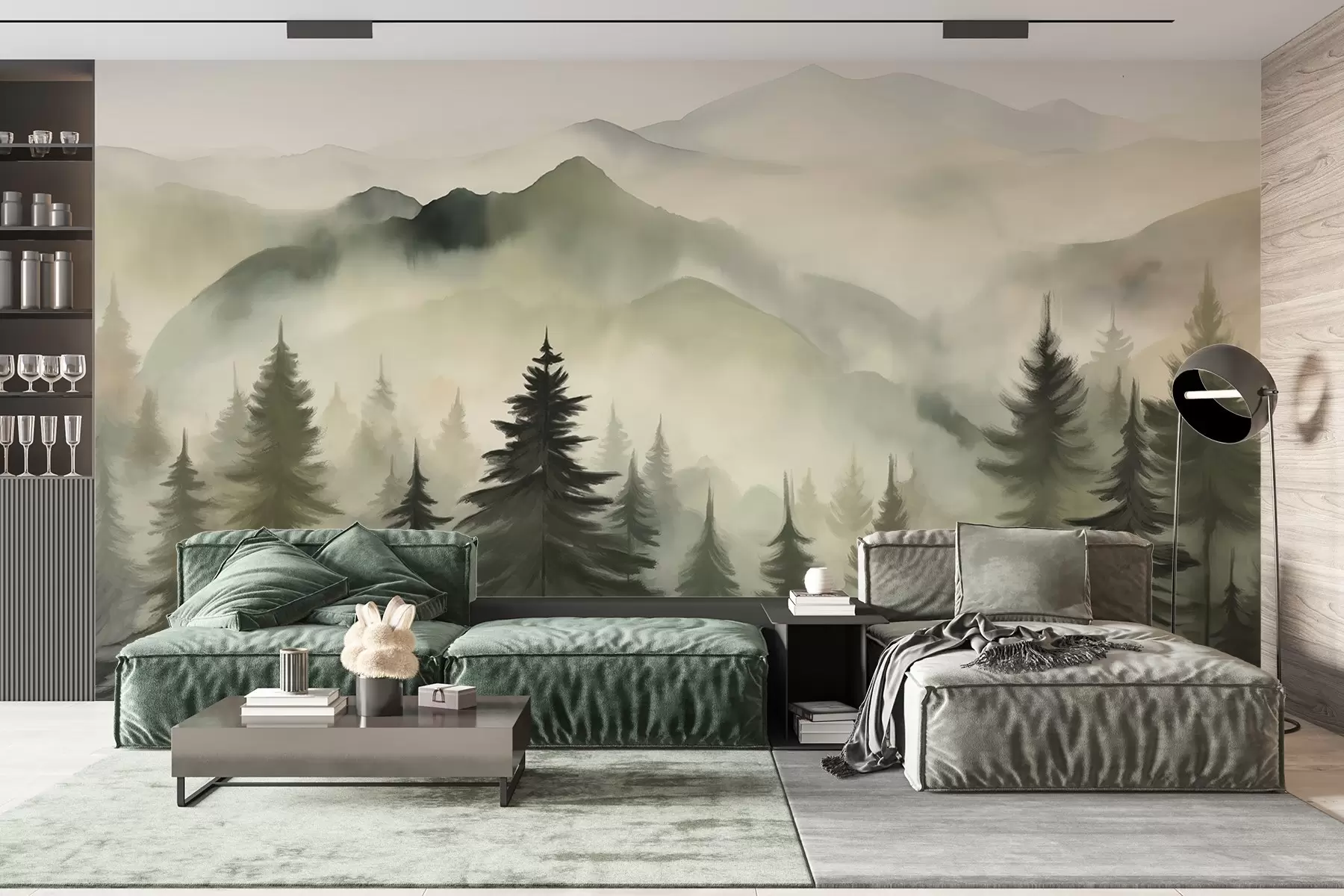 murales de pared Paisaje de montaña con un bosque de pinos y montañas en capas durante el amanecer con niebla ligera acuarela imitación arte  w08639