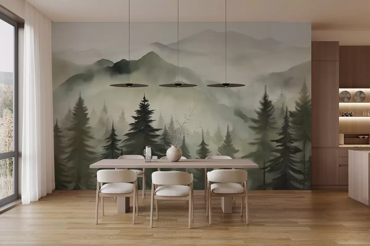 murales de pared Paisaje de montaña con un bosque de pinos y montañas en capas durante el amanecer con niebla ligera acuarela imitación arte  w08639