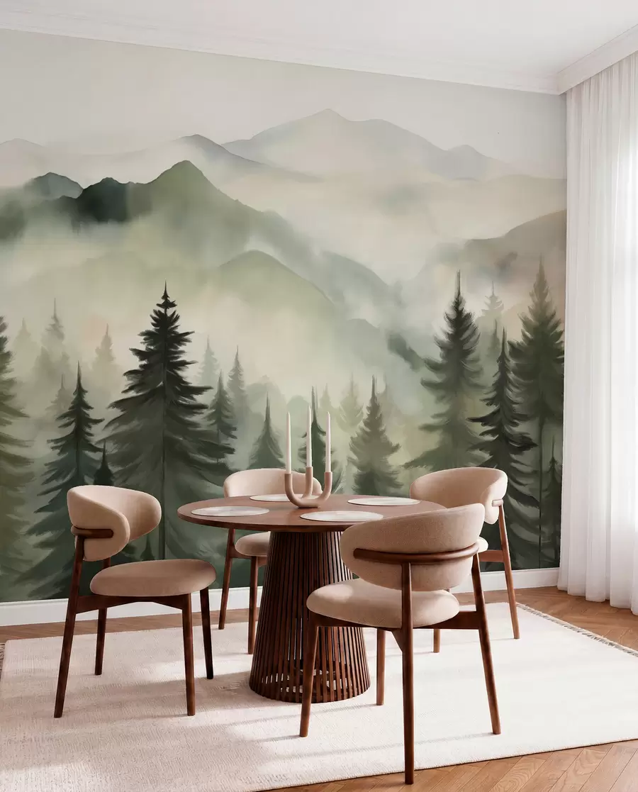 murales de pared Paisaje de montaña con un bosque de pinos y montañas en capas durante el amanecer con niebla ligera acuarela imitación arte  w08639
