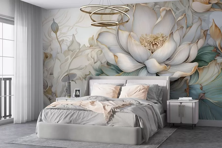 murales de pared Una gran y delicada flor de lirio blanco y follaje con suaves pétalos decorativos en capas sobre un fondo abstracto de textura azulada w08640
