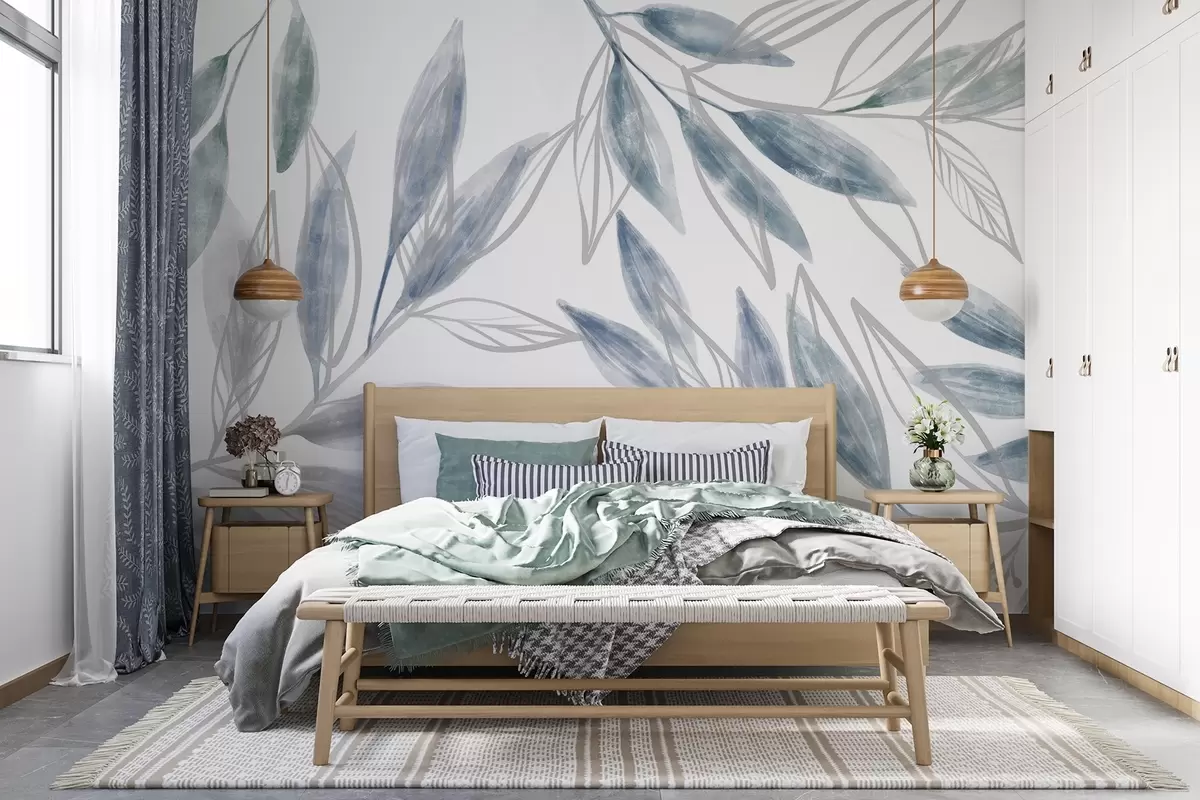 murales de pared Delicadas hojas en tonos pastel, azules y grises, que crean una composición botánica serena y minimalista w08642v1