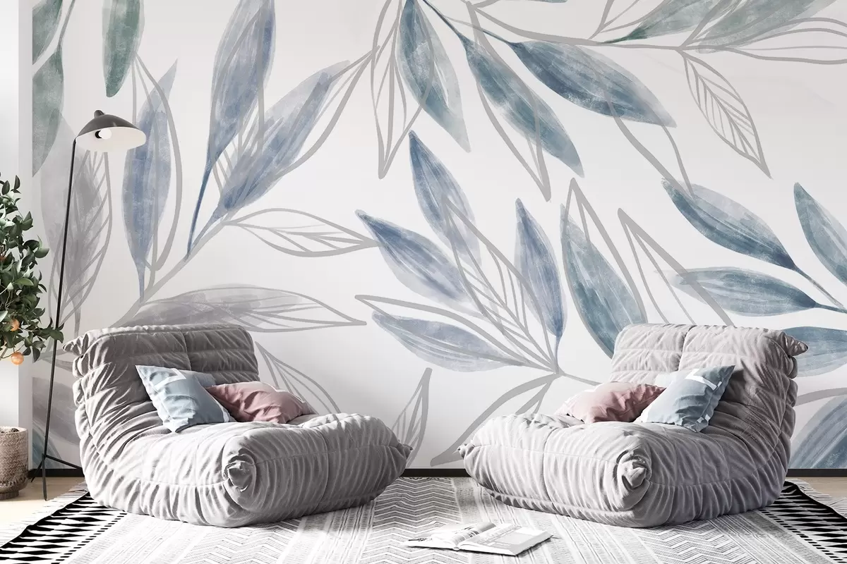 murales de pared Delicadas hojas en tonos pastel, azules y grises, que crean una composición botánica serena y minimalista w08642v1
