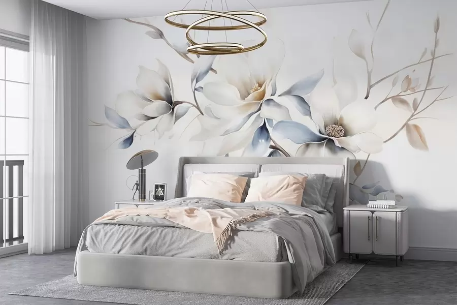murales de pared Delicadas flores blancas de magnolia con suaves pétalos azules sobre un fondo claro acuarela imitación minimalismo  w08644
