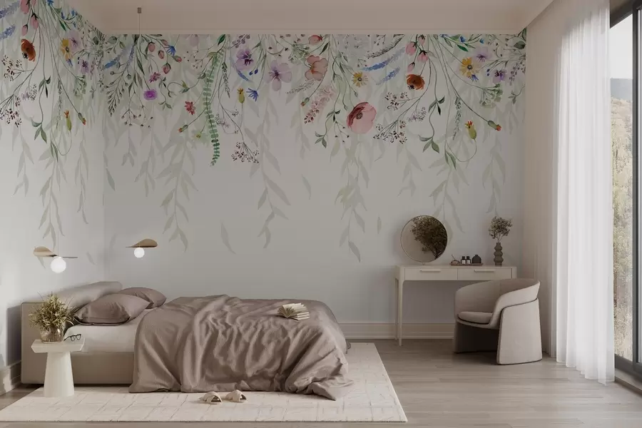 murales de pared Un colorido estampado floral en cascada con varias flores, hojas y plantas en estilo acuarela   w08646