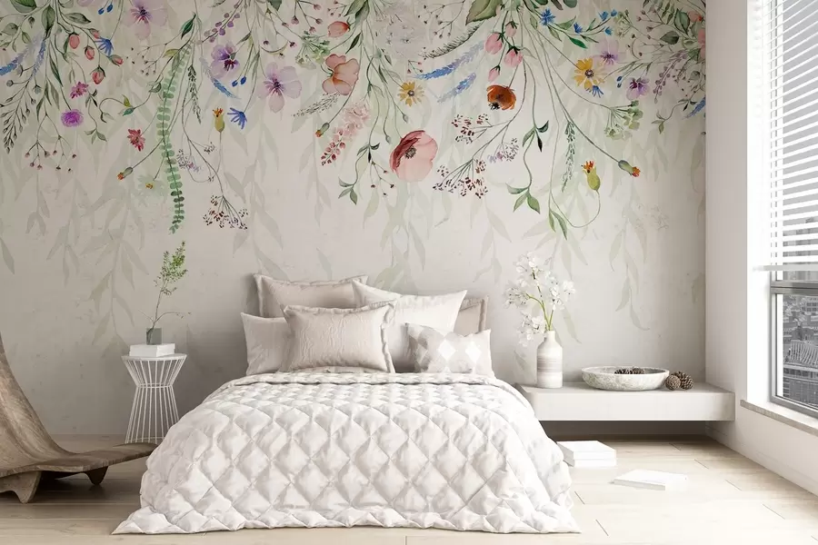 murales de pared Un colorido estampado floral en cascada con varias flores, hojas y plantas en estilo acuarela   w08646