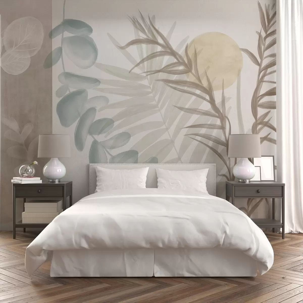 murales de pared Un estampado abstracto minimalista con hojas estilizadas y eucaliptos con formas orgánicas suaves y beige en colores pastel apagados w08648