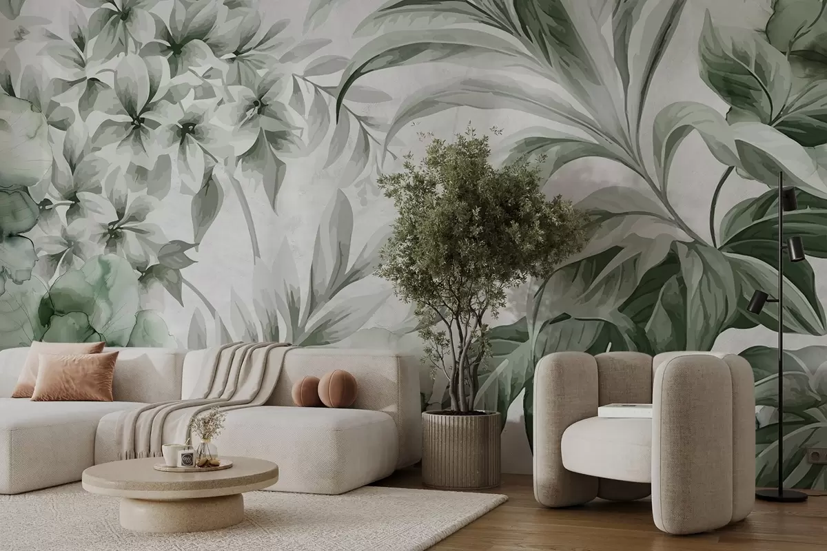 murales de pared Hojas y follaje tropicales en una paleta apagada que va de tonos claros a oscuros de verde sobre fondo claro texturizado w08650