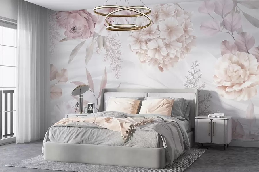 murales de pared Un estampado floral suave y abstracto con grandes flores rosas y blancas, delicadas hojas y una paleta de colores pastel apagados w08651