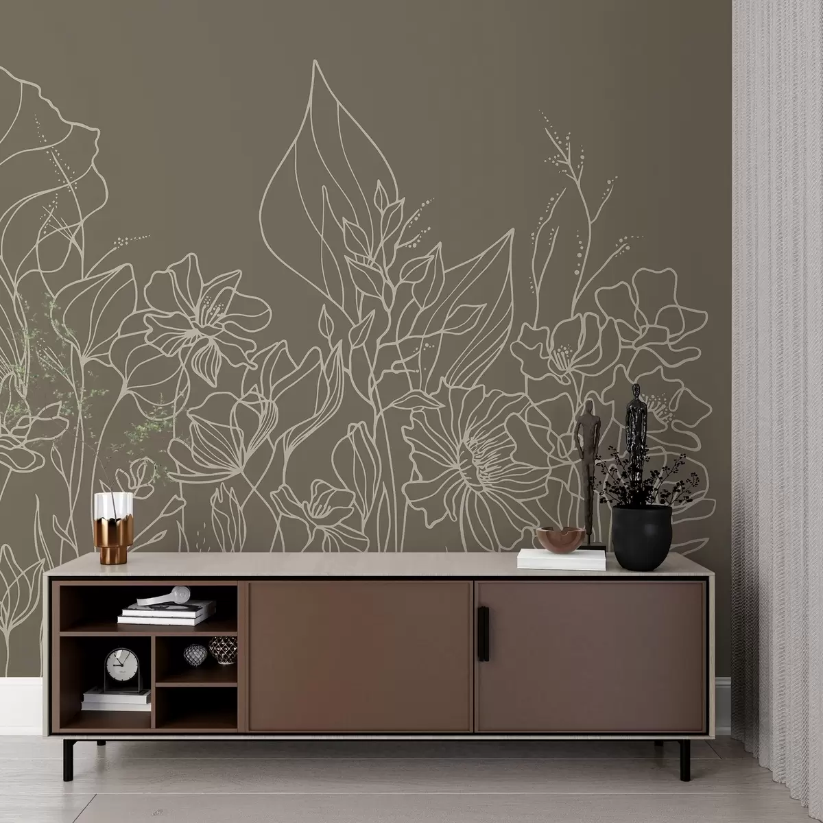 murales de pared Elegante arte floral lineal sobre fondo de olivo w02773