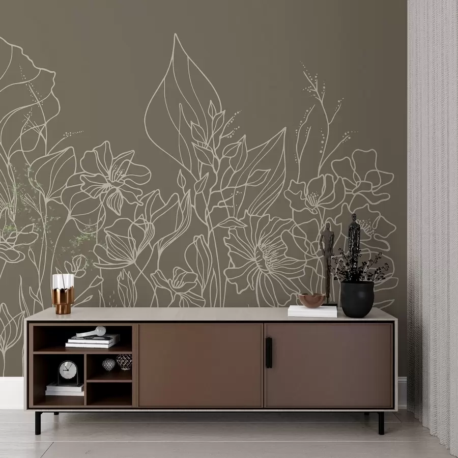murales de pared Elegante arte floral lineal sobre fondo de olivo w02773