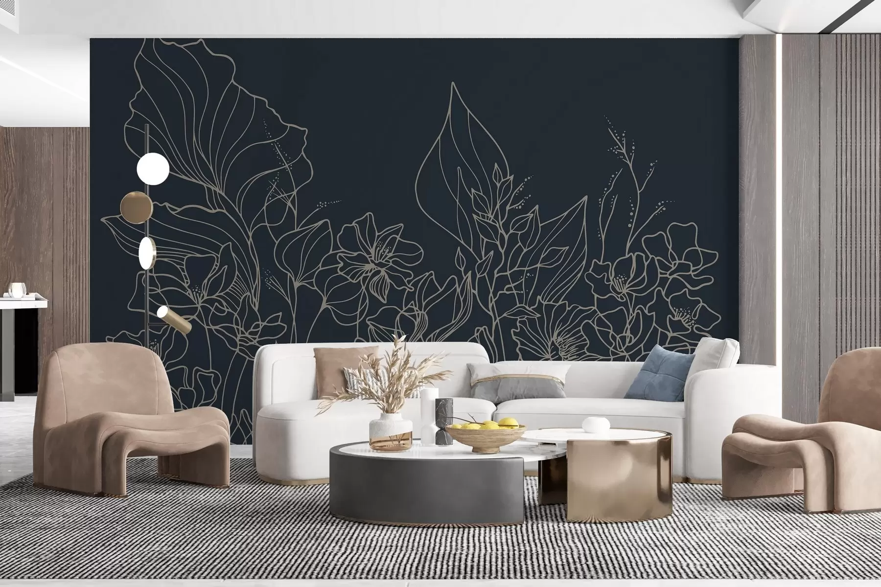 murales de pared Elegante diseño floral sobre azul marino w02773v2