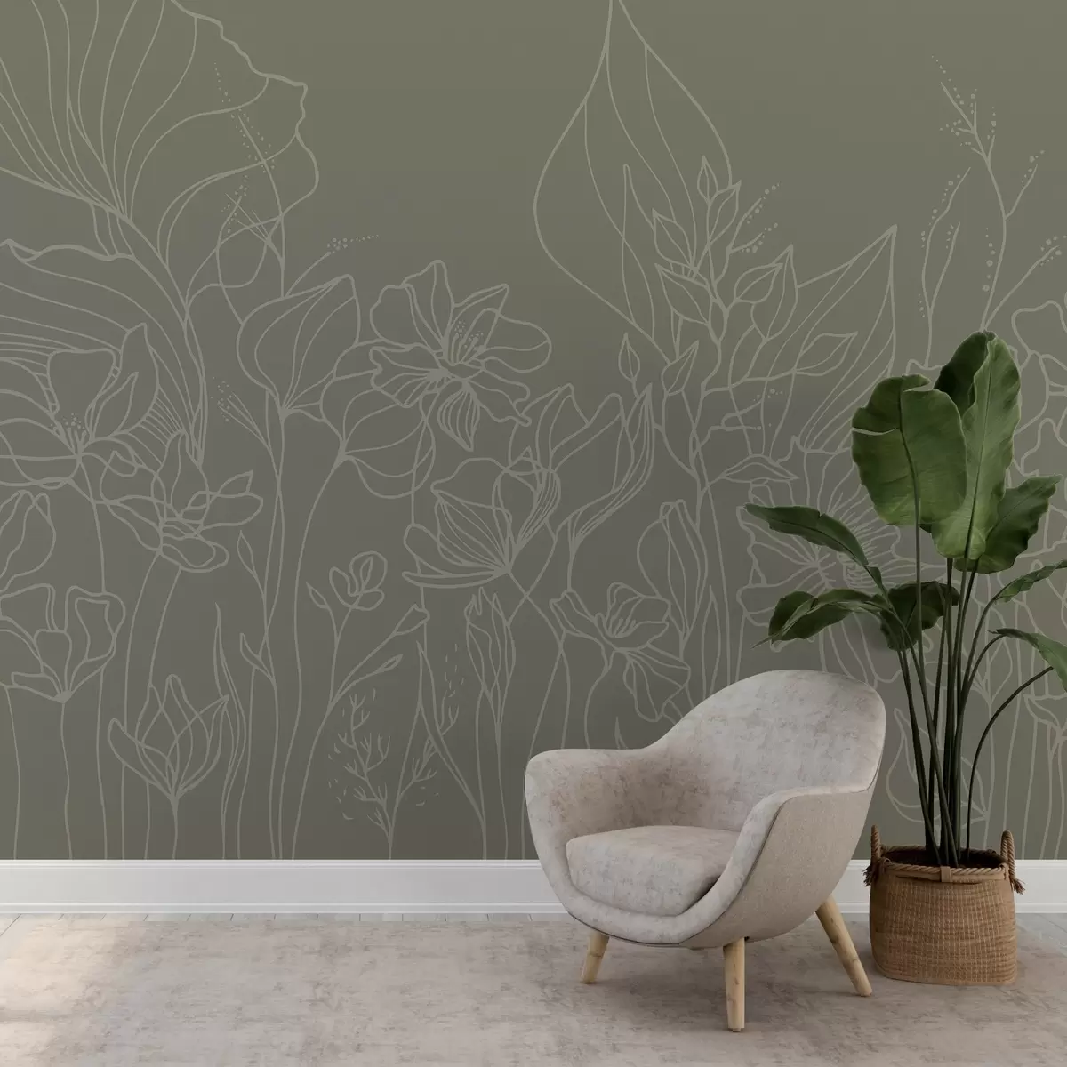 murales de pared Elegante arte lineal floral sobre fondo verde w02773v3
