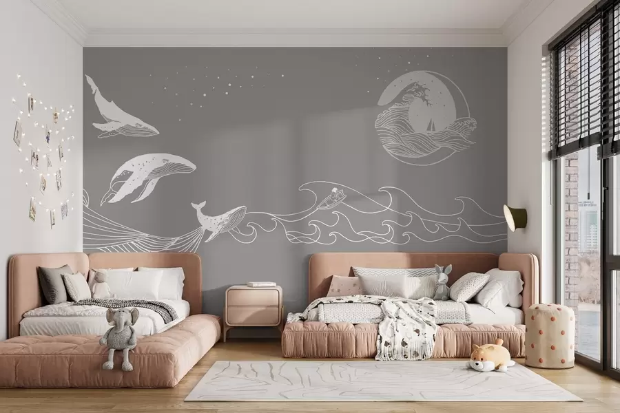 murales de pared Ballenas y olas en el arte lineal minimalista w02774
