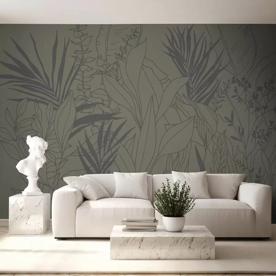 murales de pared Arte lineal botánico en tonos oliva w02775v3