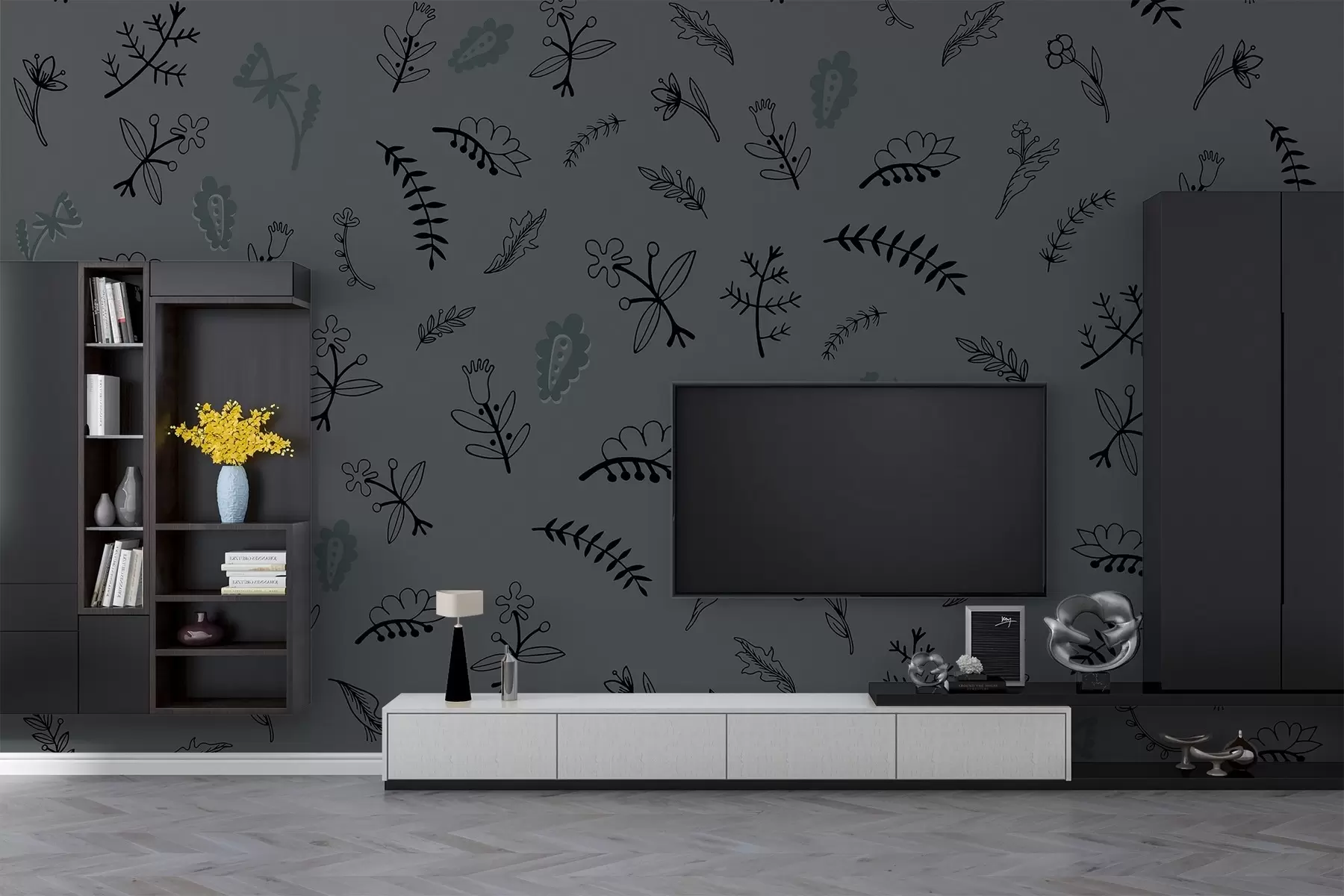 murales de pared Estampado floral oscuro con sutiles reflejos w02776v3