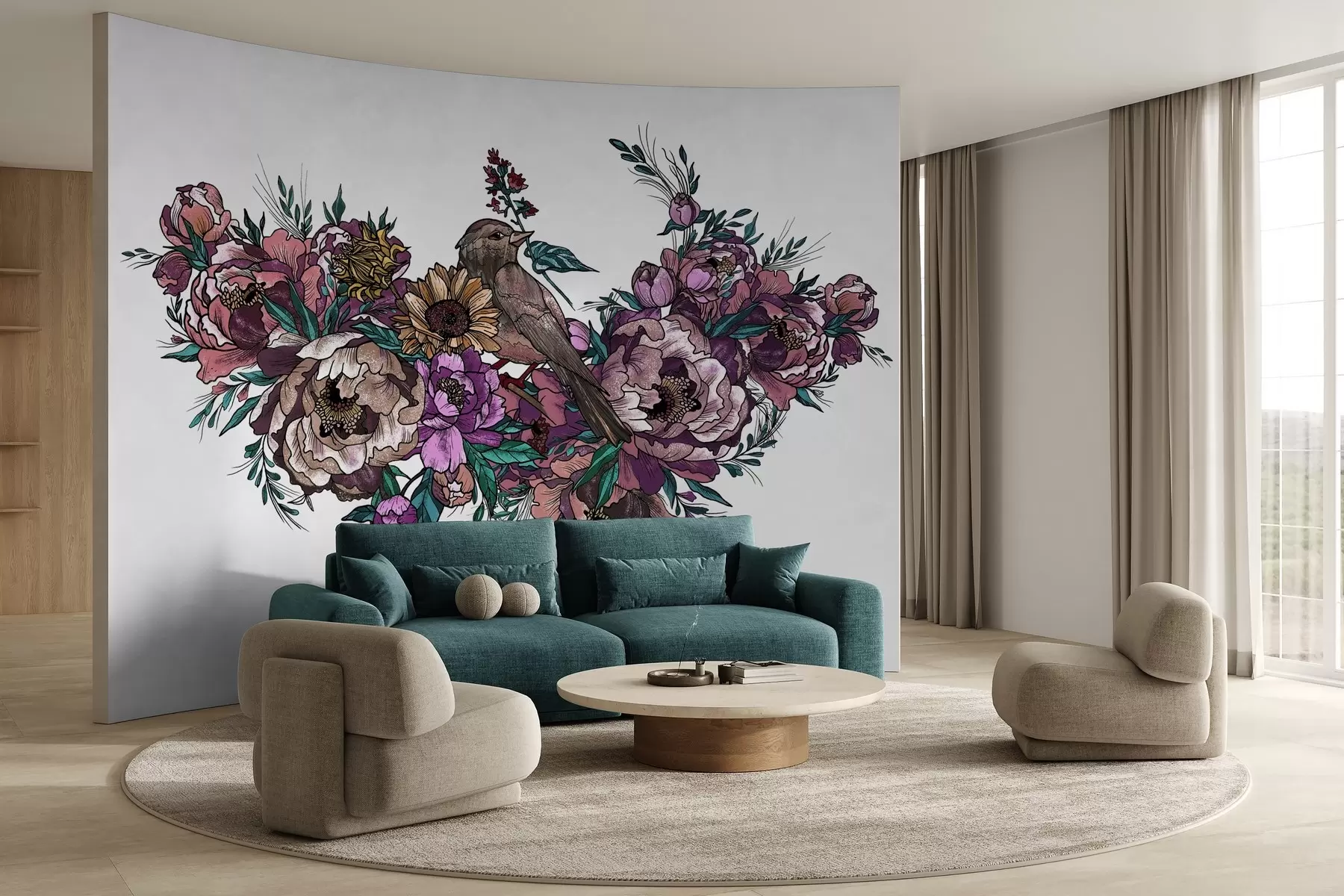 murales de pared Ilustración de flores y pájaros de colores sobre blanco w02833v2