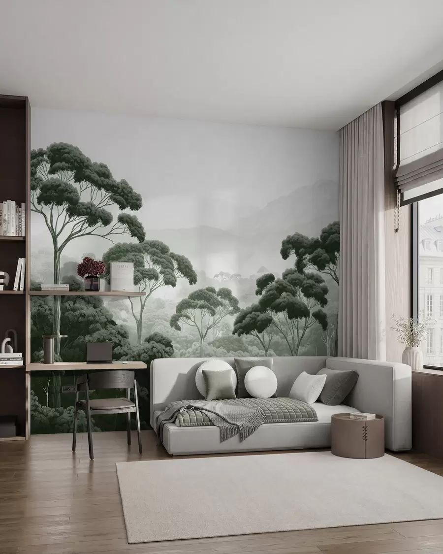 murales de pared Selva, montañas, tropical, naturaleza, grandes árboles, colores verde oscuro w02739v1