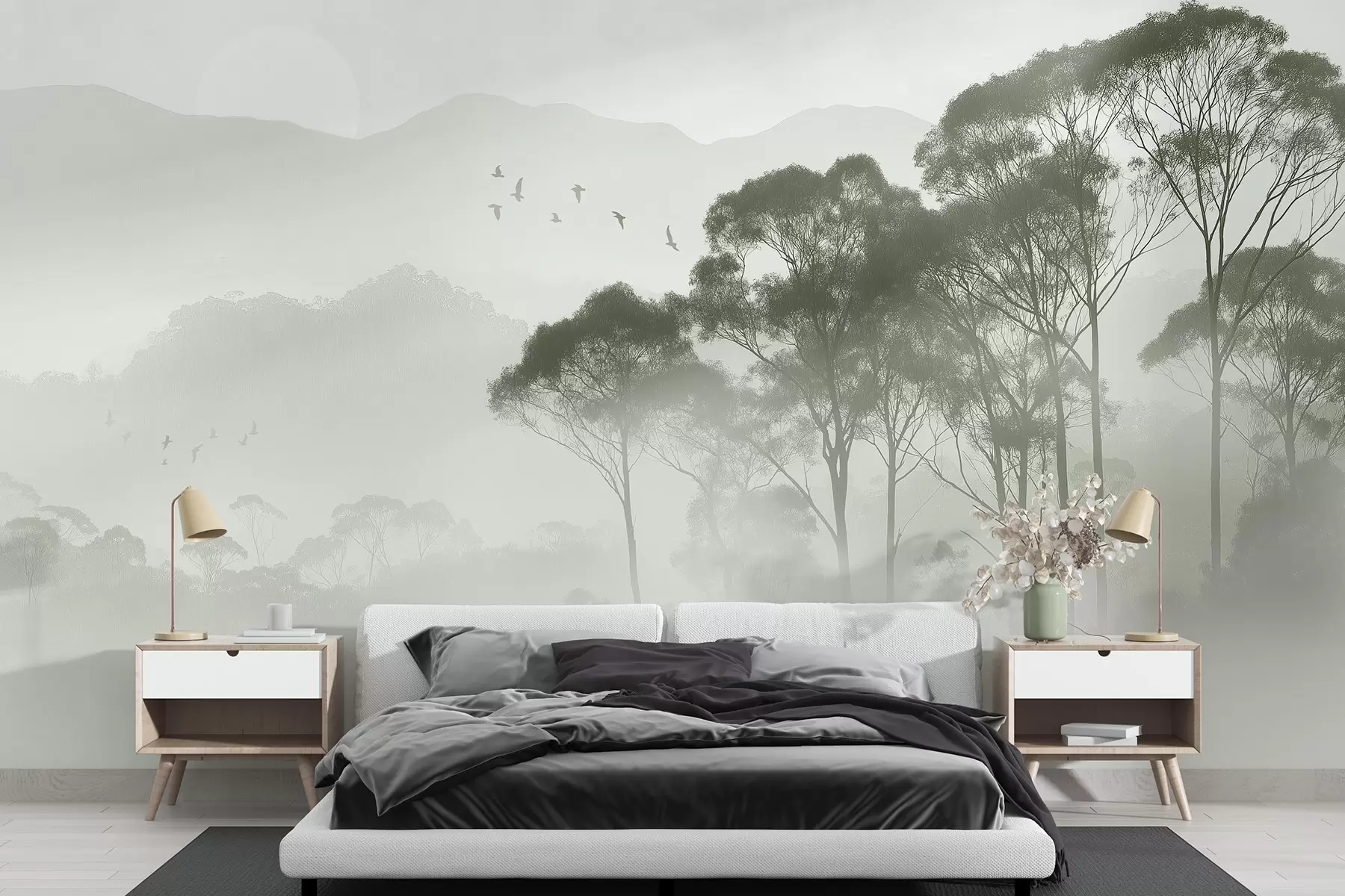 murales de pared Árboles en la niebla, paisajes de naturaleza, pájaros, sol, colores verdes w02740