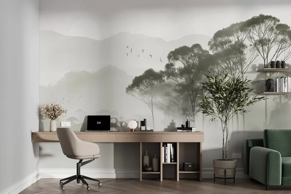 murales de pared Árboles en la niebla, paisajes de naturaleza, pájaros, sol, colores verdes w02740