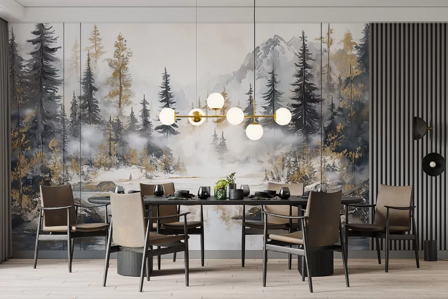murales de pared Paisaje de invierno con lago y bosque, montañas, darwing estilo pastel w02741