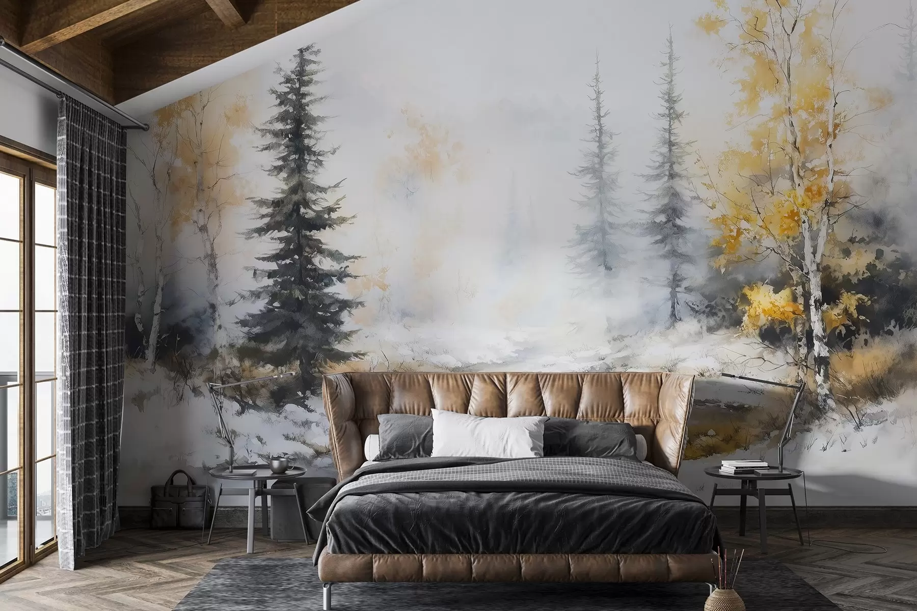 murales de pared Bosque invernal, abedules, pinos, río, niebla, colores pastel w02742