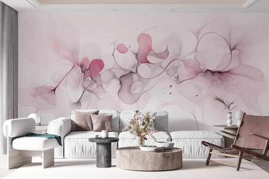 murales de pared Estilo artístico fluido, abstracción, colores rosas suaves w02745v2