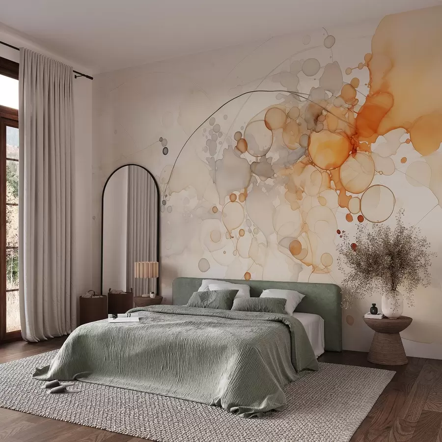 murales de pared Arte abstracto fluido, estilo acuarela, colores naranja y beige w02746