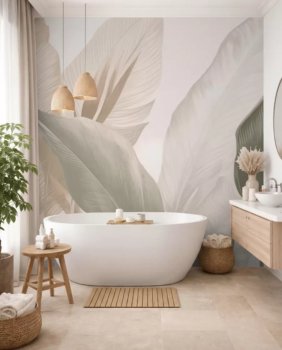 murales de pared Hojas tropicales en suaves tonos beige y verde, con efecto acuarela y suaves transiciones de color w02854