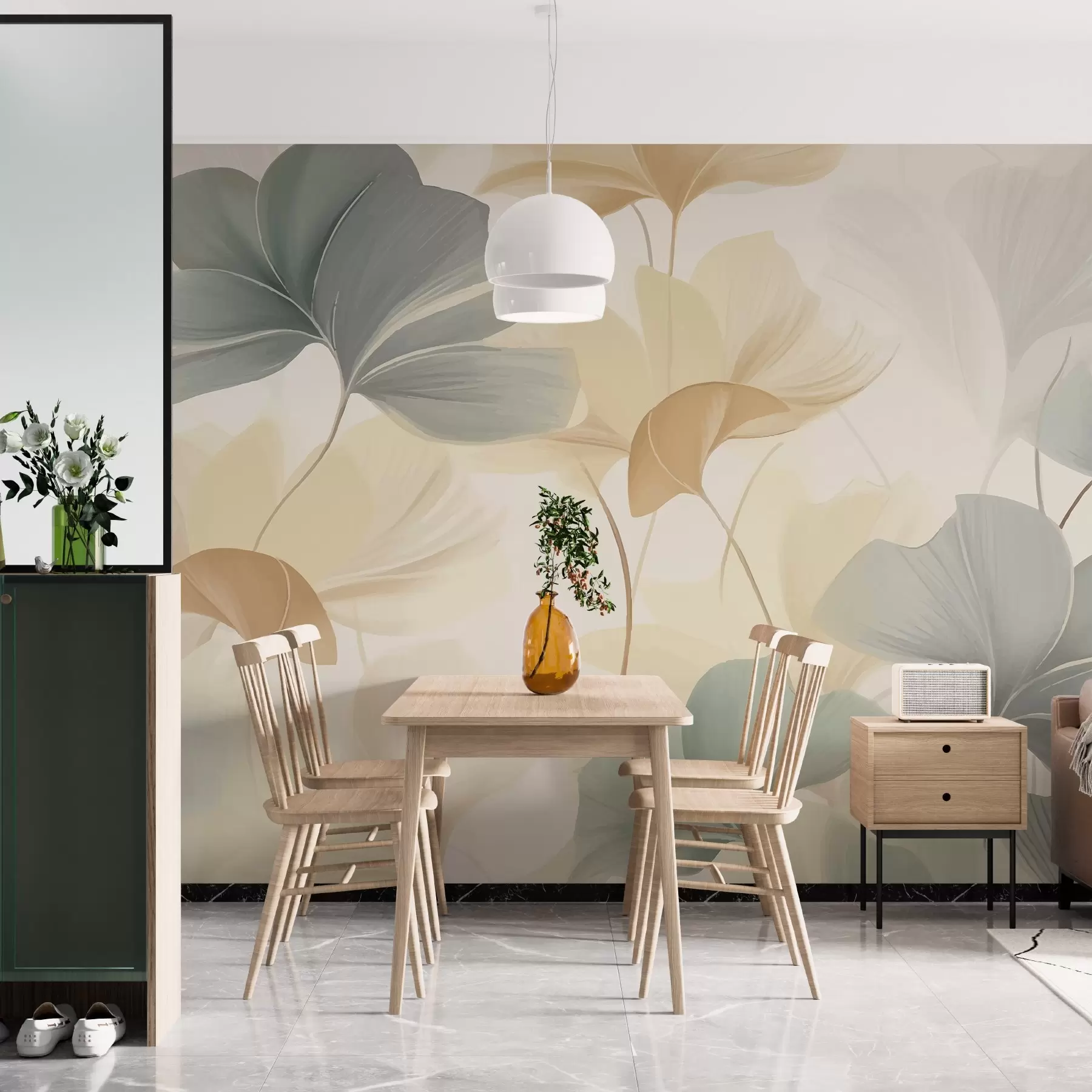 murales de pared Patrón de hojas de ginkgo en suaves tonos pastel, que combinan matices verdes, amarillos y crema para crear una sensación de ligereza y ligereza w02855