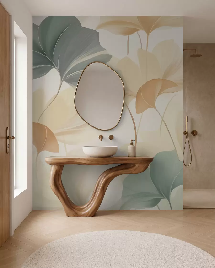 murales de pared Patrón de hojas de ginkgo en suaves tonos pastel, que combinan matices verdes, amarillos y crema para crear una sensación de ligereza y ligereza w02855