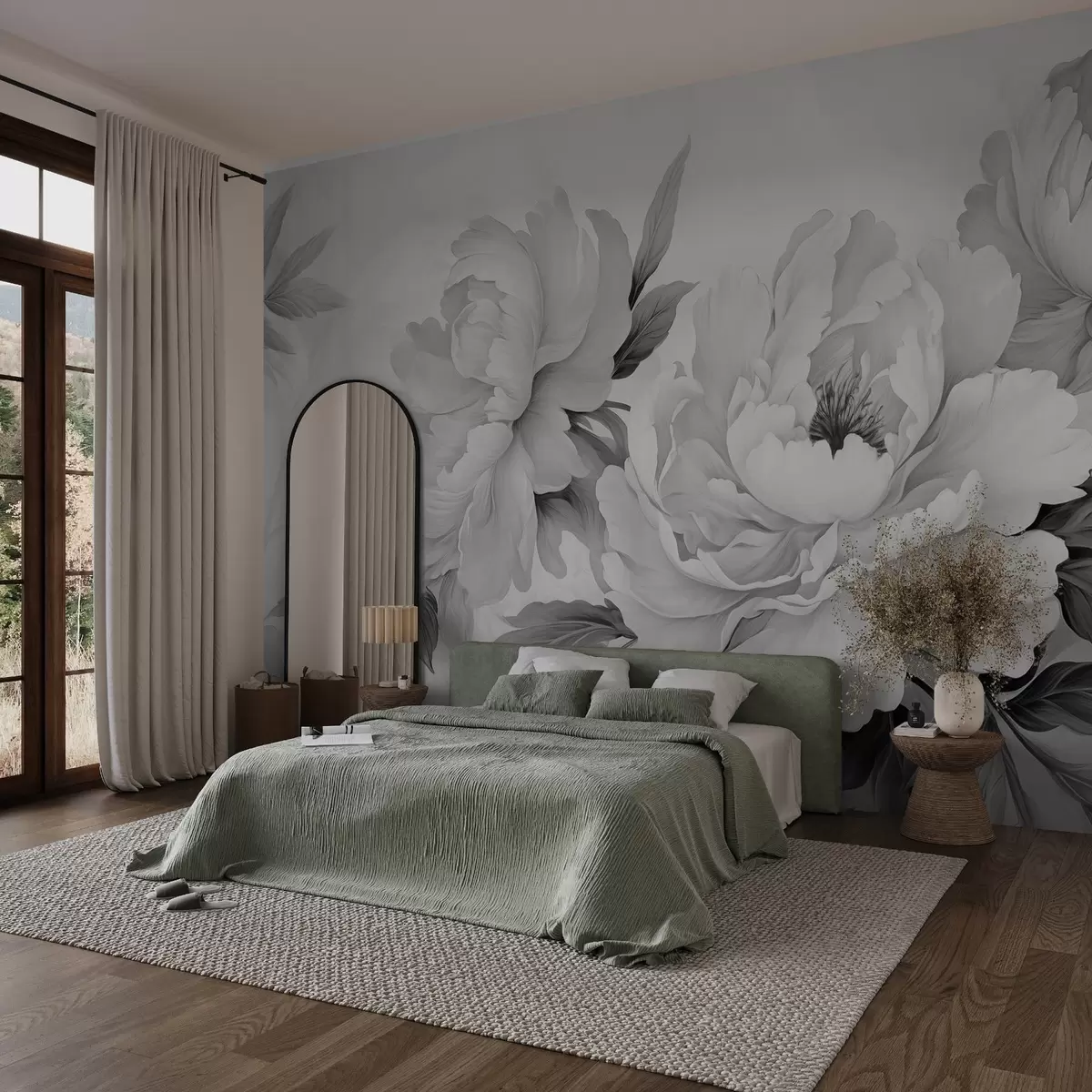 murales de pared Lujosas peonías en tonos grises, con delicados detalles de pétalos y hojas, que crean un ambiente elegante y sereno w02856