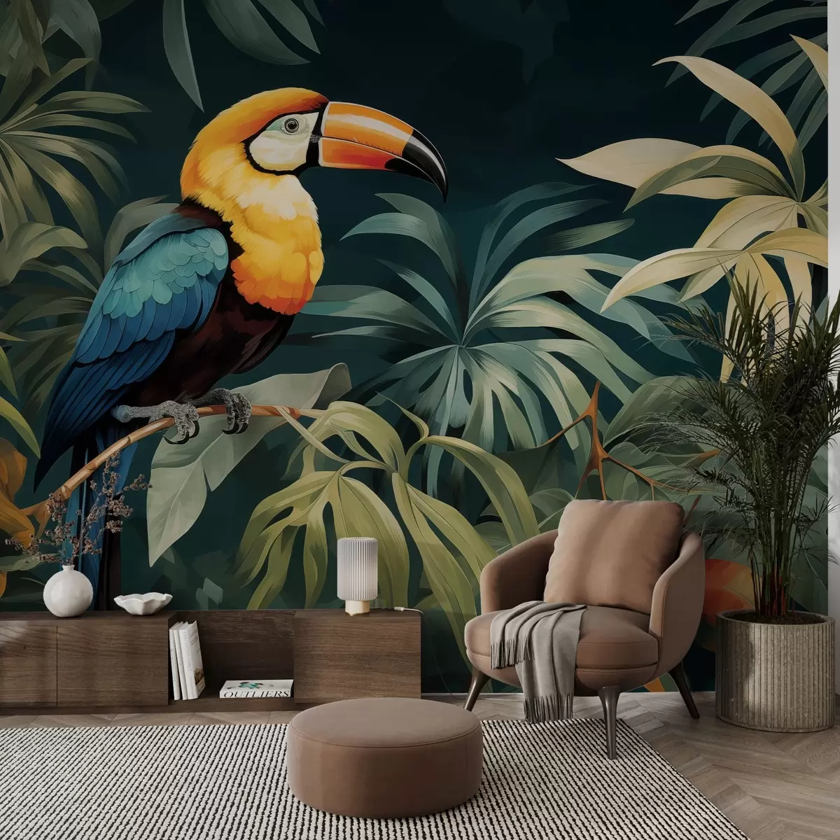 murales de pared Paisaje tropical con un vibrante tucán posado en una rama, rodeado de exuberante follaje con grandes hojas en tonos verde intenso y amarillo. w02781