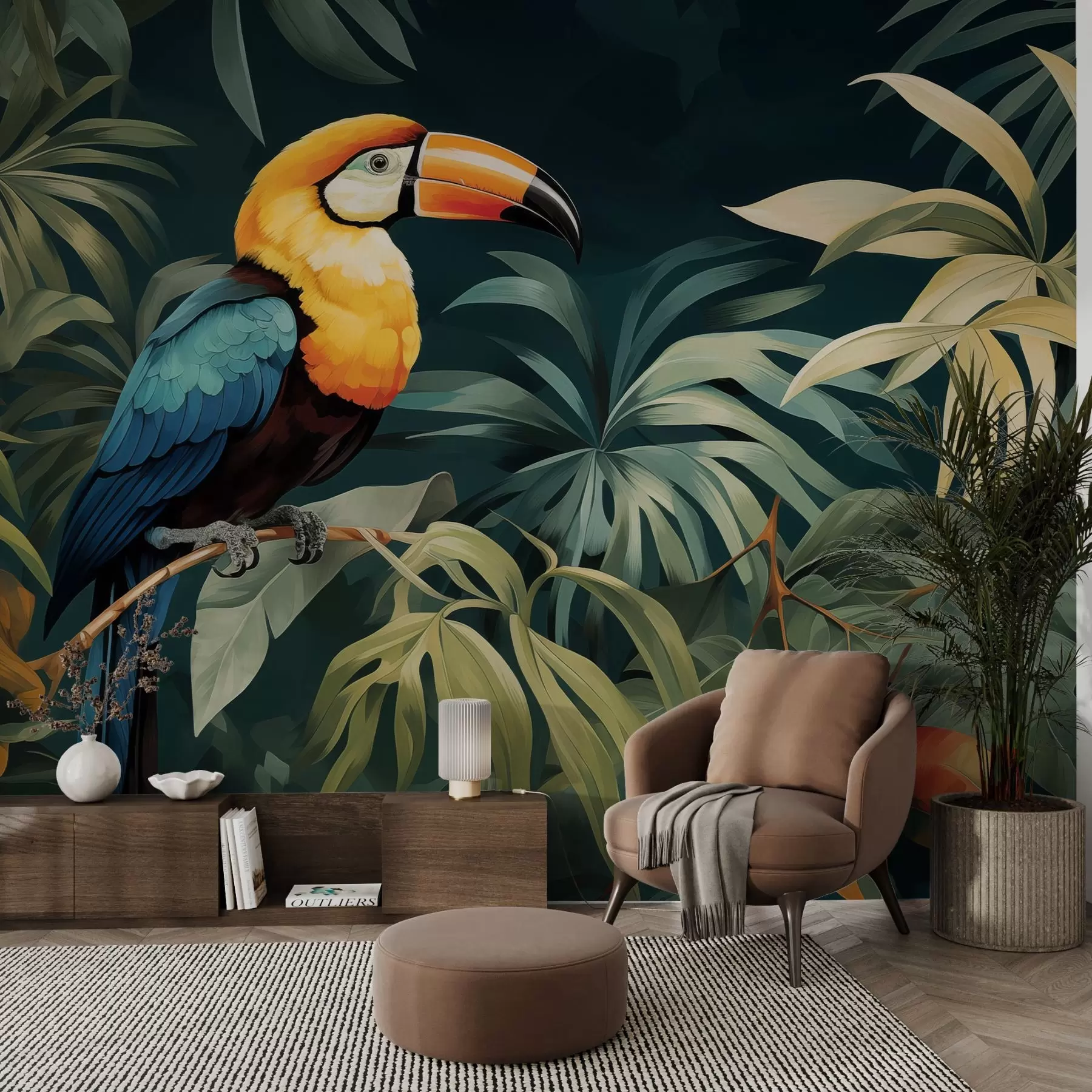 murales de pared Paisaje tropical con un vibrante tucán posado en una rama, rodeado de exuberante follaje con grandes hojas en tonos verde intenso y amarillo. w02781