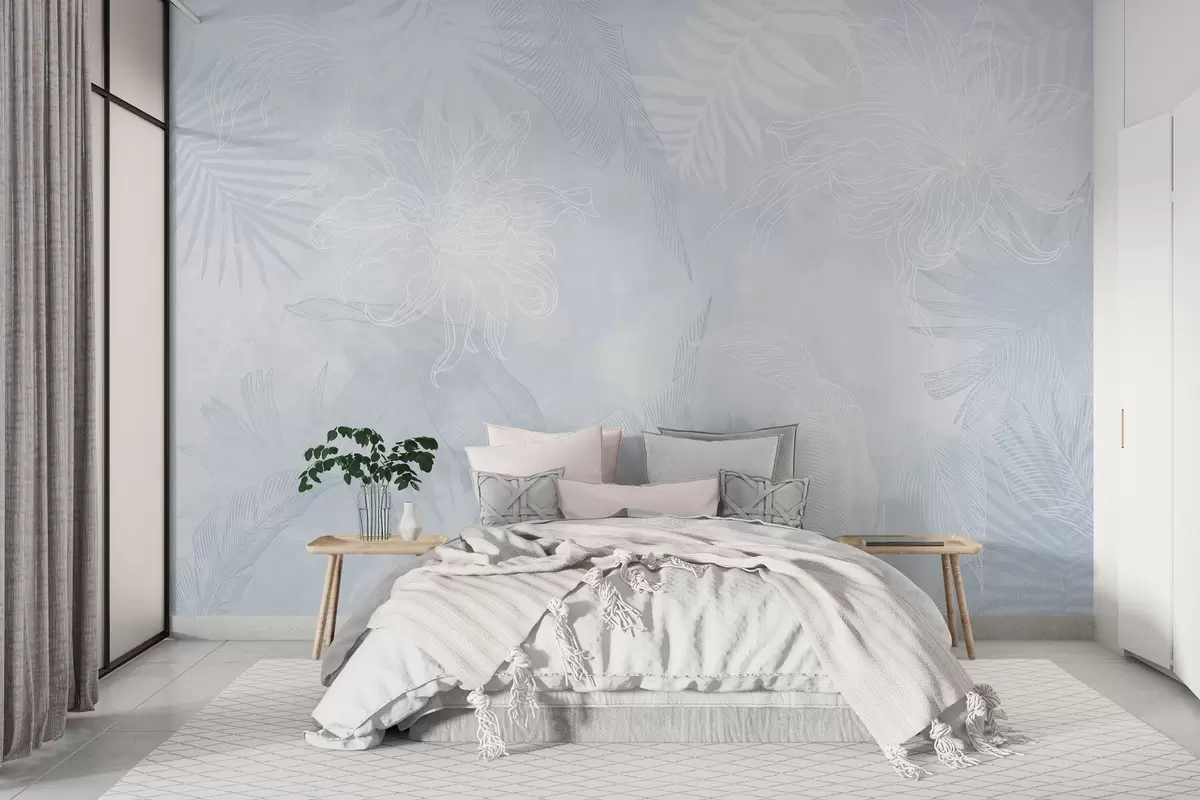 murales de pared Follaje tropical con efecto grunge y tinte azulado w02737v3