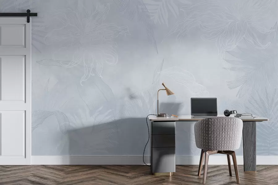 murales de pared Follaje tropical con efecto grunge y tinte azulado w02737v3