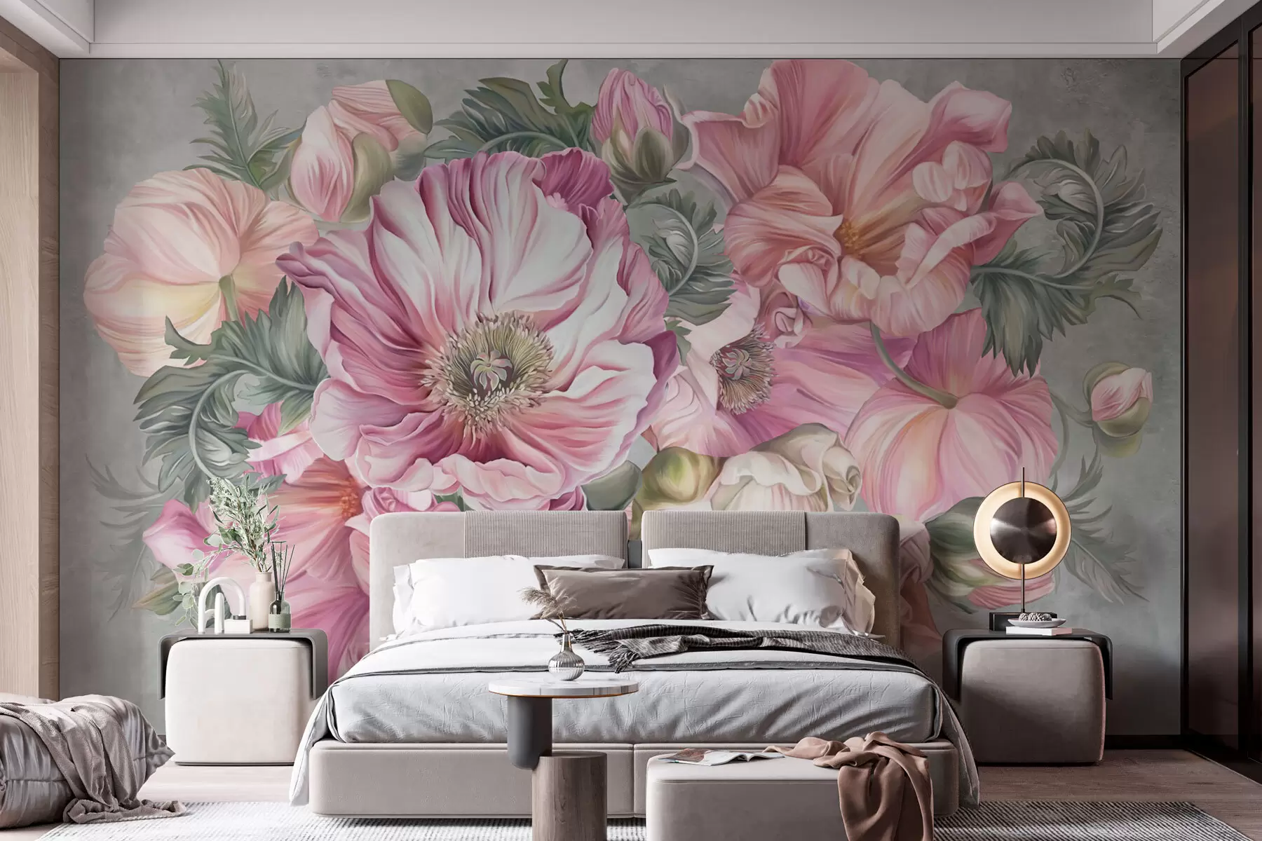 murales de pared Amapolas en flor sobre una pared gris w02749