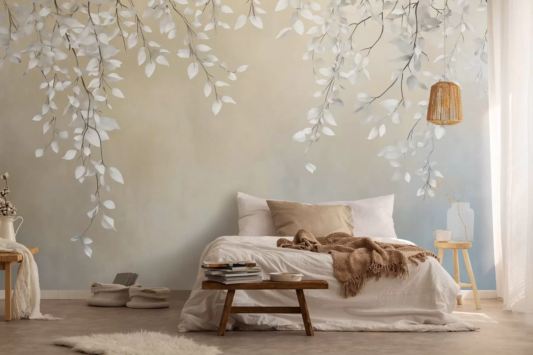 murales de pared Delicadas ramas con hojas blancas colgando w02868