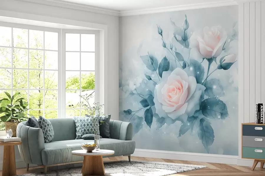 murales de pared Delicadas rosas melocotón en tonos turquesa en estilo acuarela w02871