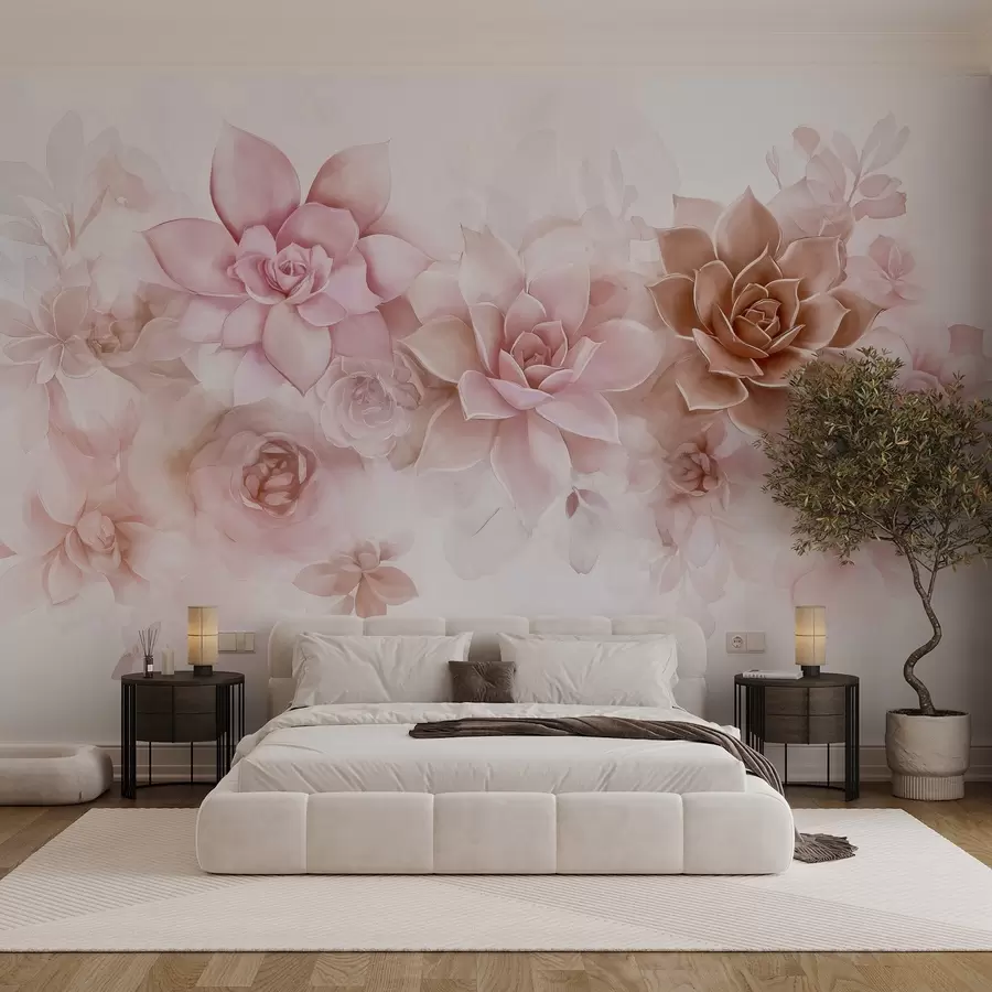 murales de pared Delicadas y exuberantes suculentas y elementos florales en estilo acuarela de colores cálidos w02873
