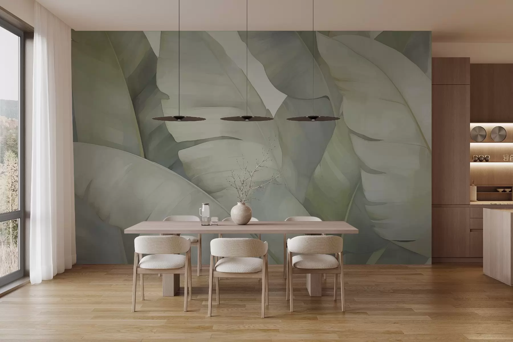 murales de pared Hojas de plátano en tonos pastel con ribete verde w02778v2