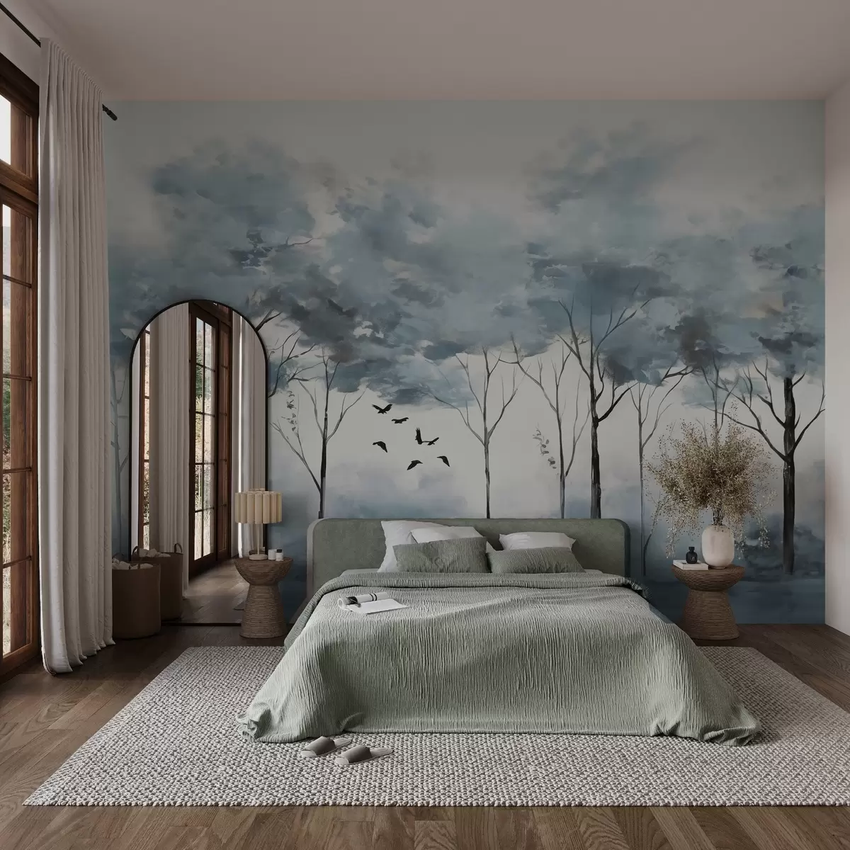 murales de pared Árboles en colores pastel y superficie acuática w02780