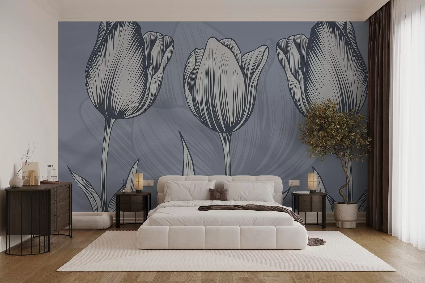 murales de pared Elegantes tulipanes sobre fondo azul w02786