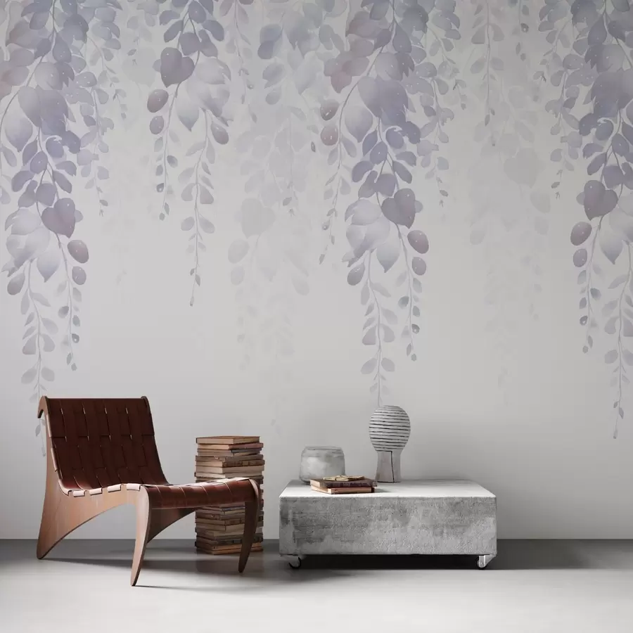 murales de pared Ramas colgantes con hojas imitación acuarela tonos morados w02885v1